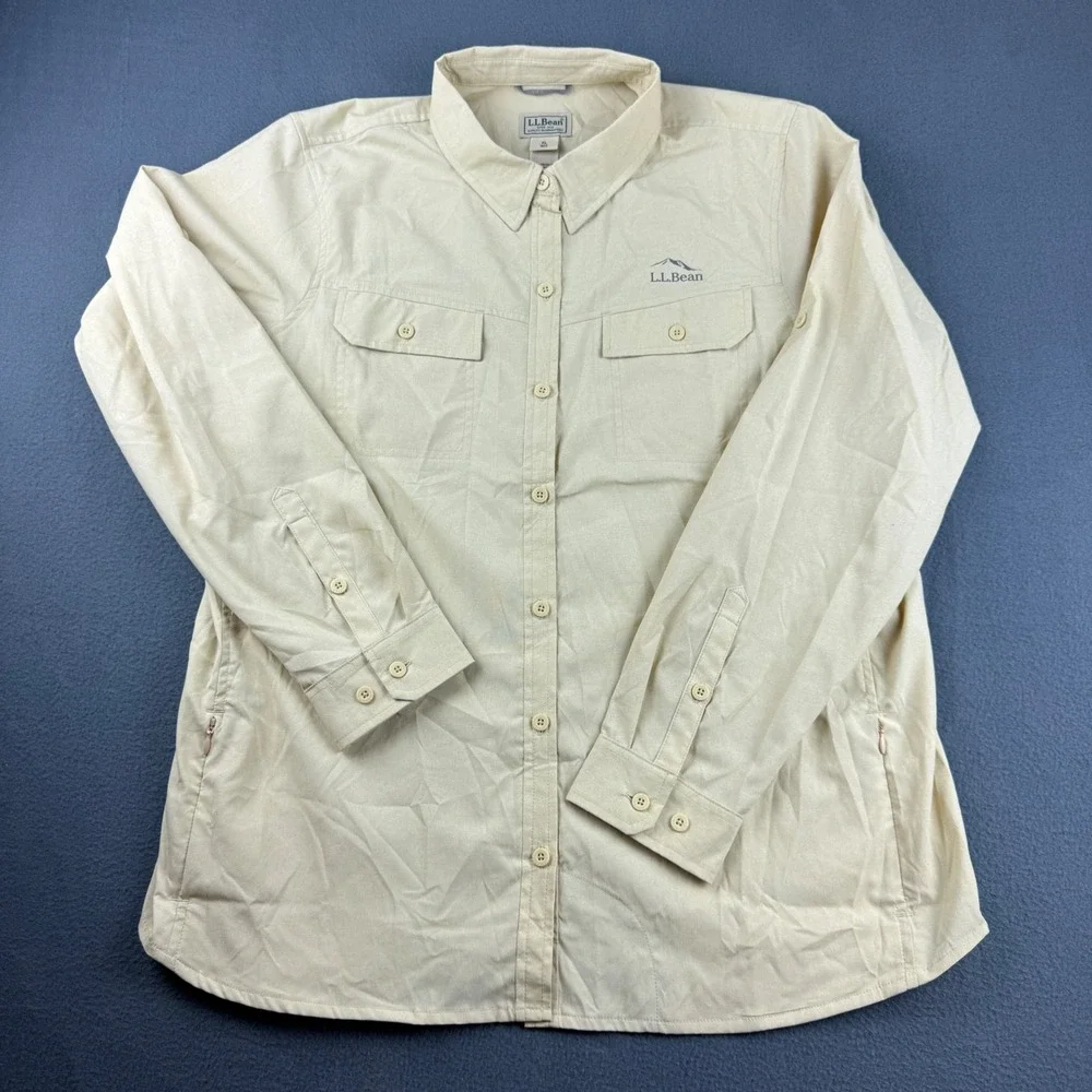 LL Bean No Fly Shirt Women's XL Beige Flannel Fishing Outdoor Wicking Stretch